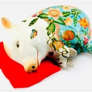 Floral Ceramic Sleeping Pig Figurine (red pillow not included)